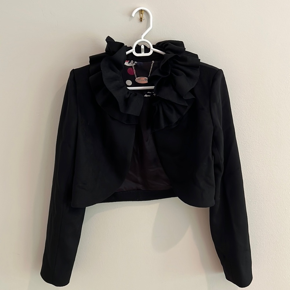 Womens allanah hill black ruffle neck cropped formal jacket